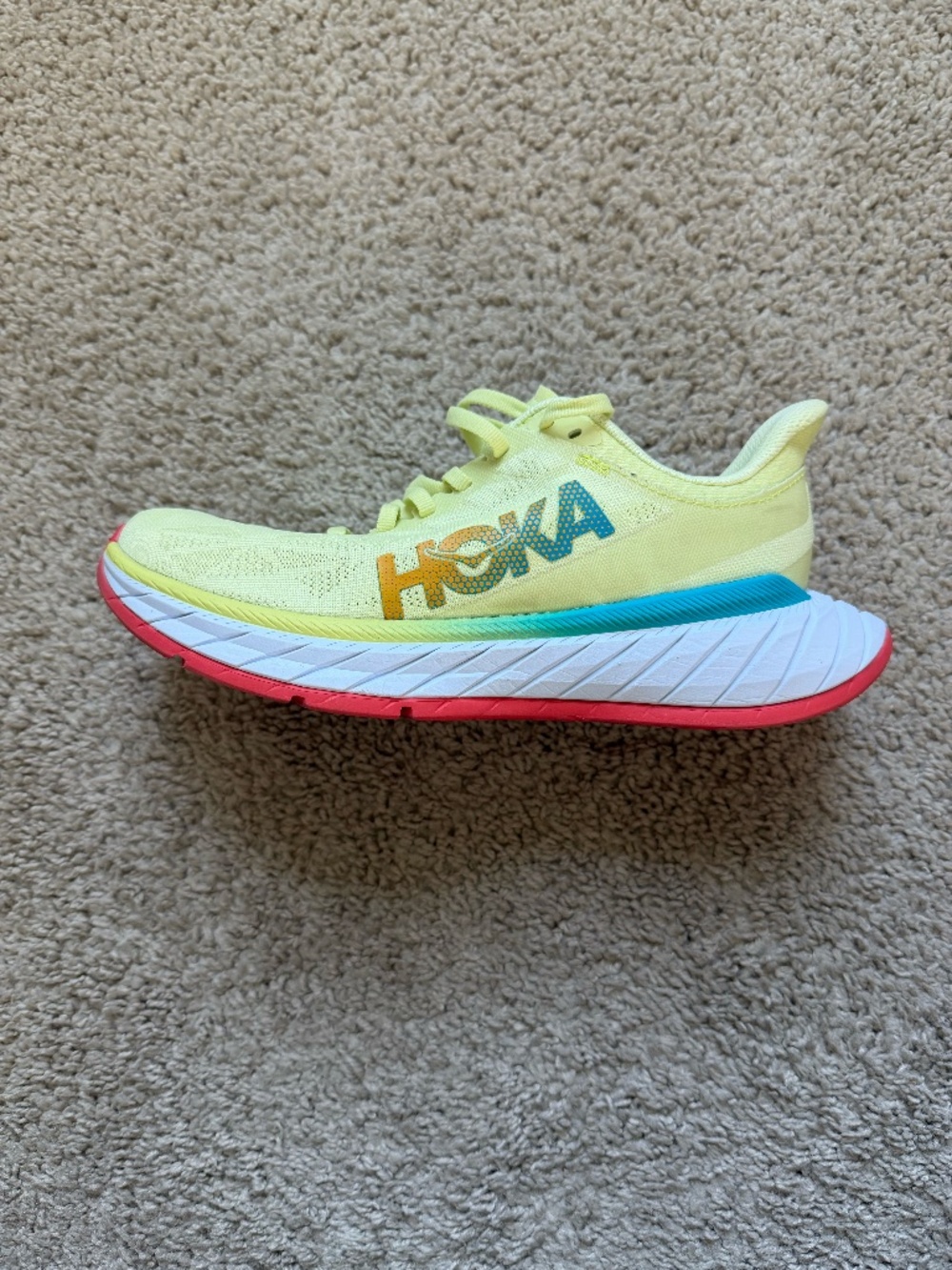 Hoka One One Carbon X 2 Running Shoes Women's 6 Lime Yellow Mesh Coral Sole